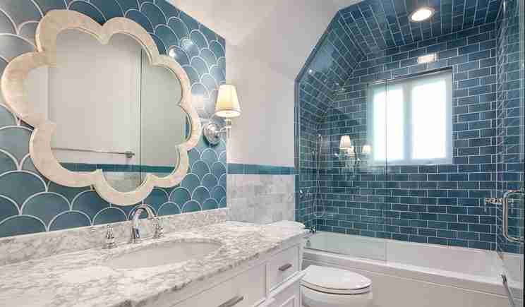 Bold, Blue Bathroom with Hand-Painted Fireclay Tiles